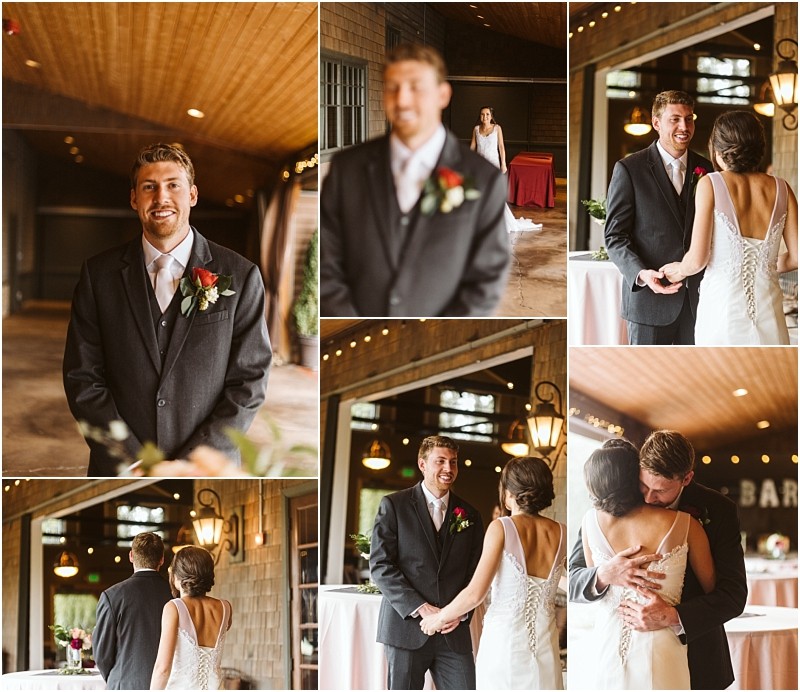 Premier snohomish & seattle wedding photographer | gsquared weddings photography a collage of six snohomish wedding photos shows a groom in a suit reacting emotionally as he sees his bride in a white dress for the first time they smile hold hands and embrace inside a warmly lit venue | serving snohomish seattle                   & beyond