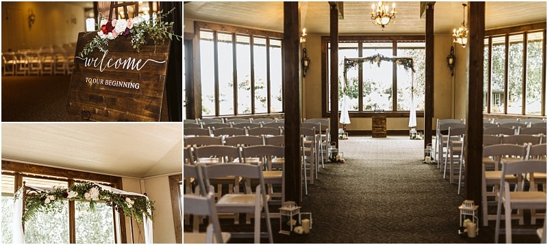 Premier snohomish & seattle wedding photographer | gsquared weddings photography a beautiful snohomish wedding ceremony venue with rows of white chairs facing a large window floral decorations lanterns lining the aisle and a wooden welcome sign reading welcome to our beginning | serving snohomish seattle                   & beyond