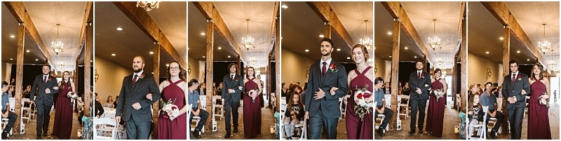 Premier snohomish & seattle wedding photographer | gsquared weddings photography a collage of five photos shows bridesmaids in burgundy dresses and groomsmen in gray suits walking arm in arm down the aisle at a snohomish seattle wedding ceremony with guests seated on either side | serving snohomish seattle                   & beyond