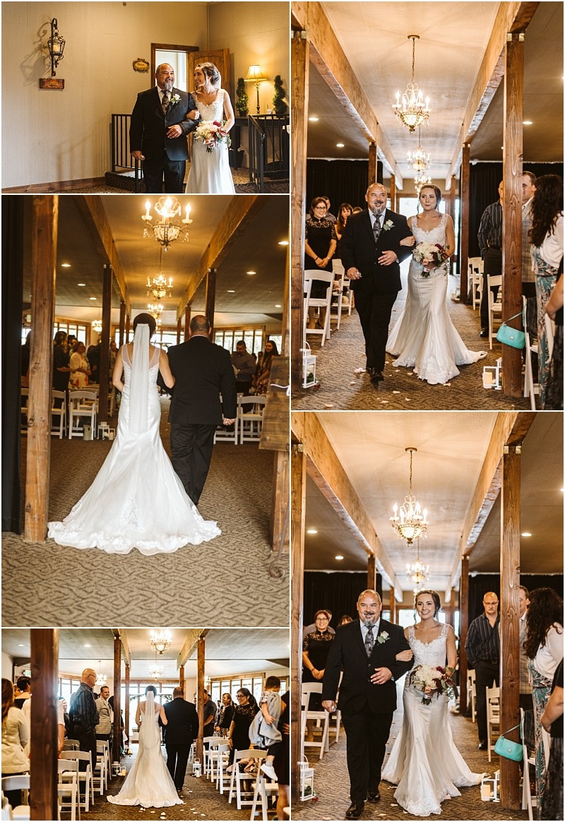 Premier snohomish & seattle wedding photographer | gsquared weddings photography a collage of five photos showing a bride in a white dress walking down the aisle with an older man in a suit at a warmly lit snohomish wedding venue with guests seated on either side | serving snohomish seattle                   & beyond