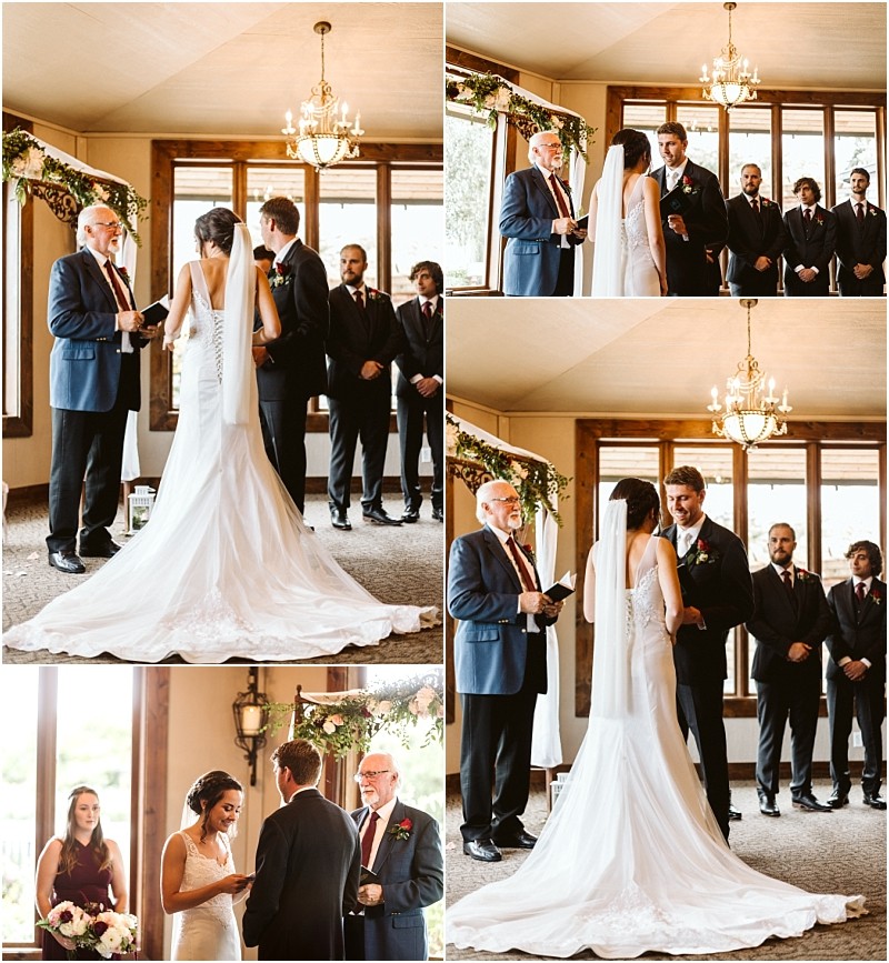 Premier snohomish & seattle wedding photographer | gsquared weddings photography a bride and groom stand at the altar during their snohomish wedding ceremony exchanging vows with an officiant Groomsmen in dark suits stand nearby as sunlight streams through large windows behind them | serving snohomish seattle                   & beyond