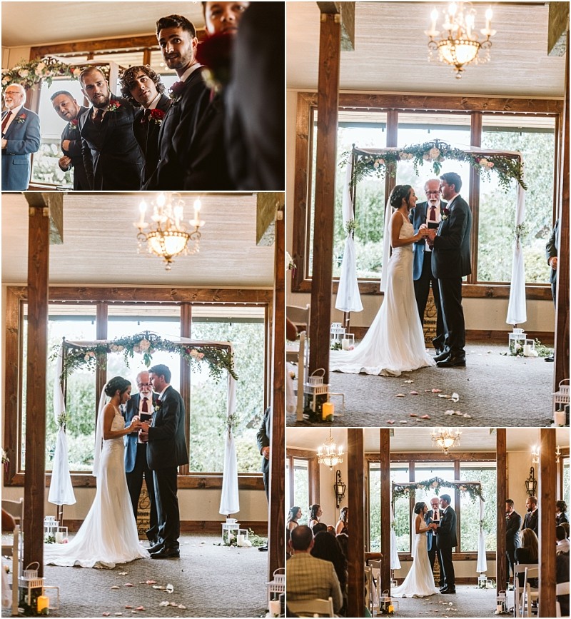 Premier snohomish & seattle wedding photographer | gsquared weddings photography a collage of five photos shows a snohomish wedding ceremony indoors A couple stands together at the altar exchanging vows and smiling while guests and attendants watch The space is bright with large windows and floral decorations | serving snohomish seattle                   & beyond