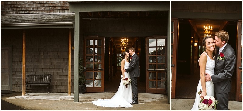 Premier snohomish & seattle wedding photographer | gsquared weddings photography a bride and groom stand together smiling and embracing outside a rustic building with wooden doors The bride holds a bouquet of flowers and both look happy and in love during their snohomish wedding day | serving snohomish seattle                   & beyond