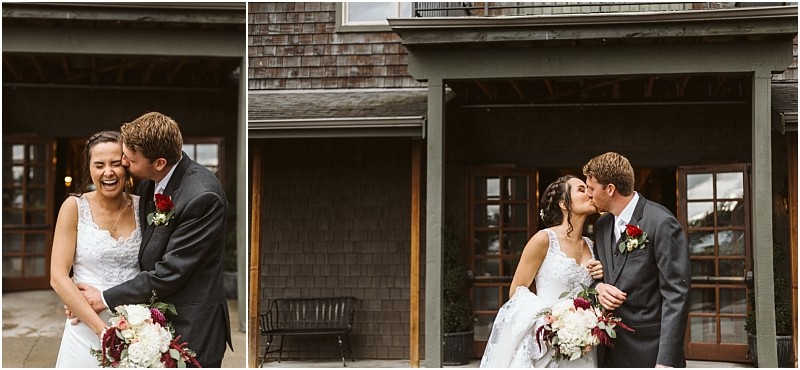 Premier snohomish & seattle wedding photographer | gsquared weddings photography two wedding photos of a bride and groom outside a building on the left they laugh together on the right they share a kiss The bride holds a bouquet of white and red flowers at their snohomish seattle wedding | serving snohomish seattle                   & beyond