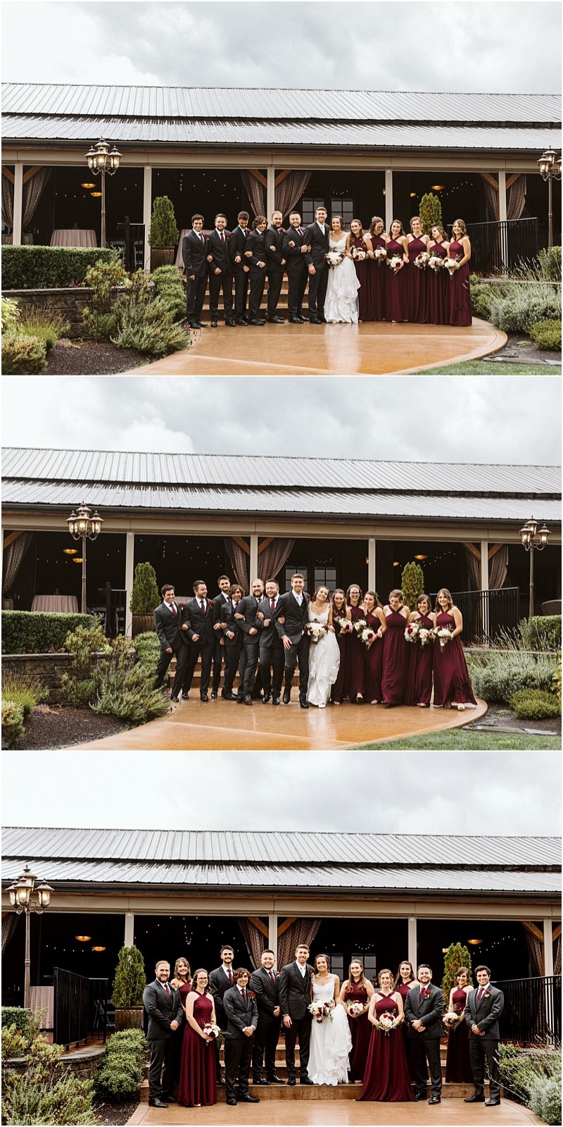 Premier snohomish & seattle wedding photographer | gsquared weddings photography three photos show a bride and groom posing with their wedding party in black and burgundy attire standing outdoors on a wet pathway near a covered venue with greenery at their elegant snohomish seattle wedding | serving snohomish seattle                   & beyond