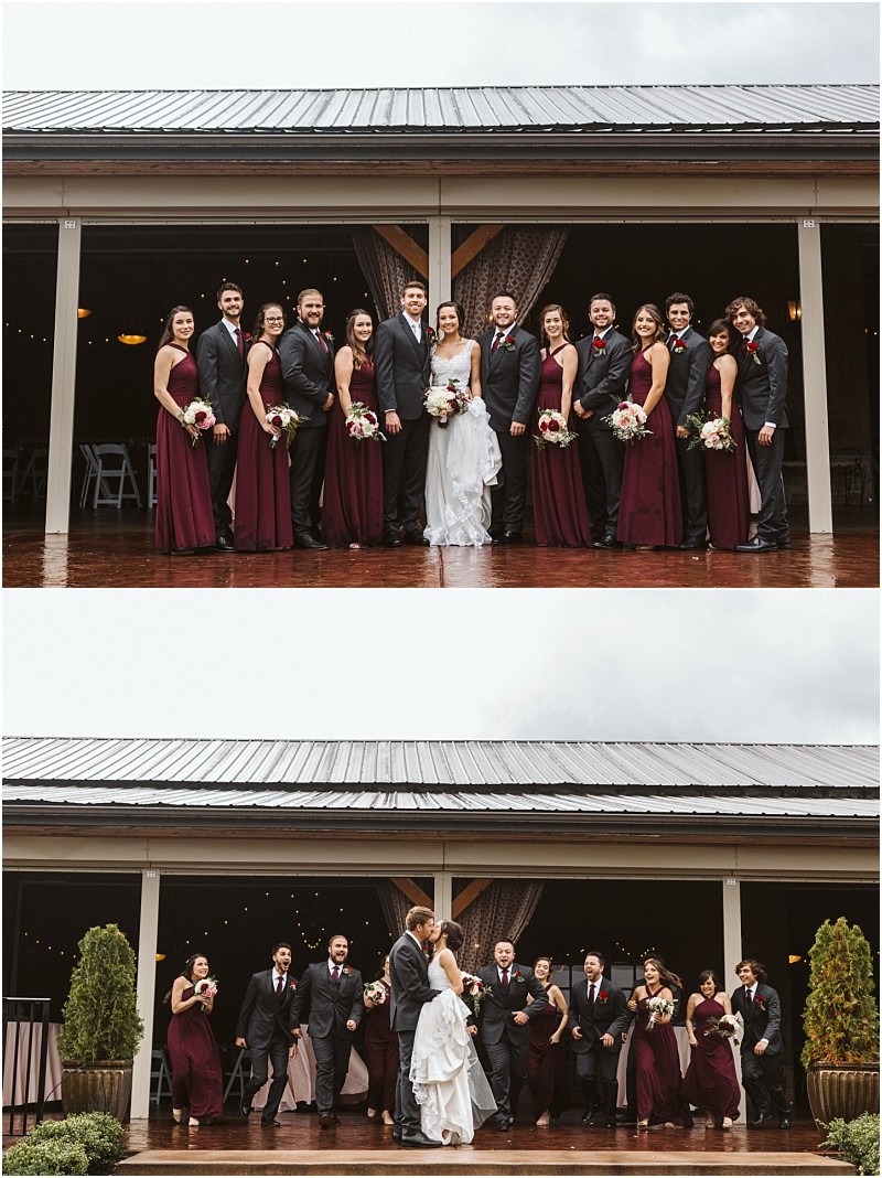 Premier snohomish & seattle wedding photographer | gsquared weddings photography a wedding party poses outside a building In the first photo they stand in a line smiling at the camera In the second they walk forward laughing and celebratinga joyful snohomish seattle wedding with the bride and groom in the center | serving snohomish seattle                   & beyond