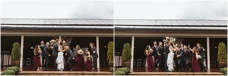 Premier snohomish & seattle wedding photographer | gsquared weddings photography two photos side by side capture a joyful snohomish wedding party celebrating together on a wooden deck The group includes the bride groom bridesmaids in burgundy dresses and groomsmen in dark suits | serving snohomish seattle                   & beyond