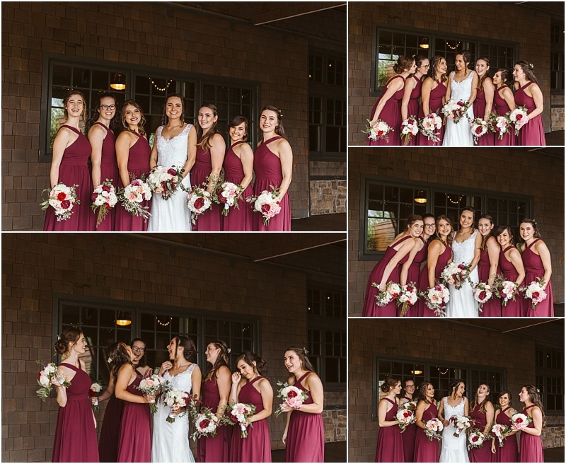 Premier snohomish & seattle wedding photographer | gsquared weddings photography a collage of five photos shows a bride in a white dress with six bridesmaids in matching burgundy dresses holding bouquets and smiling together outside a building with brown siding and large windows at a snohomish seattle wedding | serving snohomish seattle                   & beyond