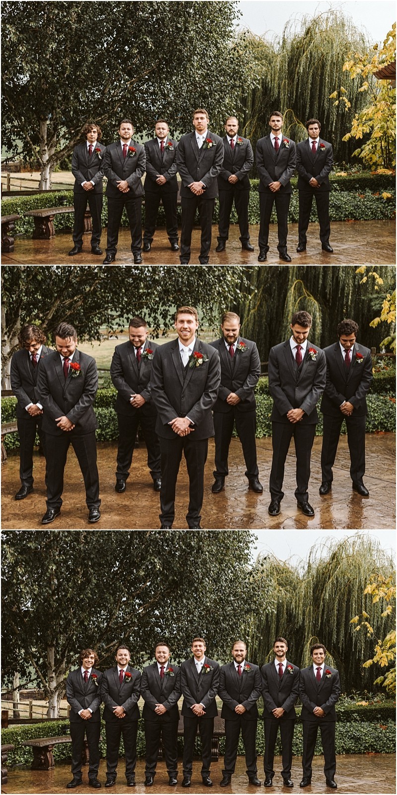 Premier snohomish & seattle wedding photographer | gsquared weddings photography a group of eight men in suits stands outdoors in a row at a snohomish seattle wedding In the first photo they face forward in the second the man in the center smiles and in the third all bow their heads against a backdrop of trees and greenery | serving snohomish seattle                   & beyond