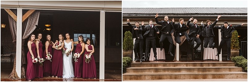 Premier snohomish & seattle wedding photographer | gsquared weddings photography a split image captures a lively snohomish seattle wedding on the left six bridesmaids in burgundy dresses and a bride in white pose with bouquets on the right seven groomsmen in dark suits jump enthusiastically on outdoor steps | serving snohomish seattle                   & beyond