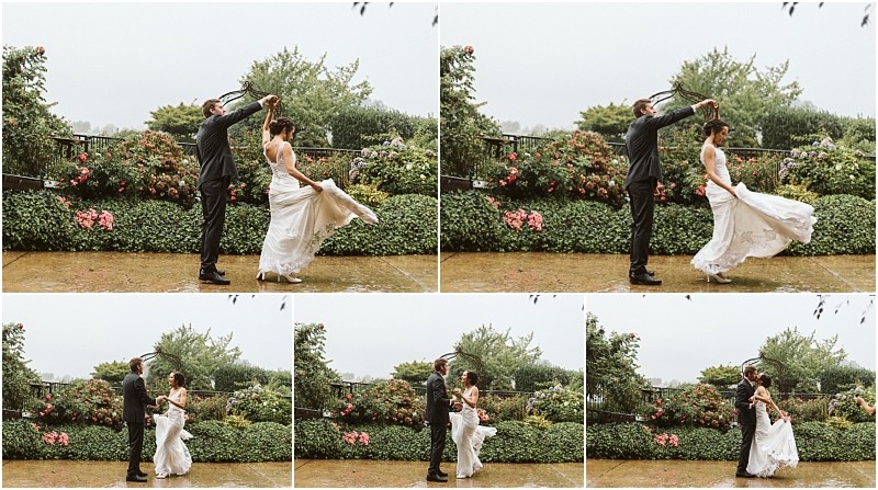 Premier snohomish & seattle wedding photographer | gsquared weddings photography a collage of six outdoor photos shows a snohomish bride and groom dancing together on a rainy day surrounded by lush green bushes and pink flowers with the brides dress swirling as they spin and embrace at their seattle wedding | serving snohomish seattle                   & beyond