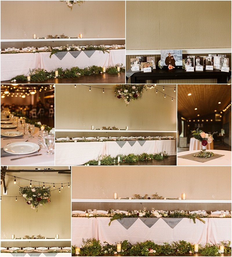 Premier snohomish & seattle wedding photographer | gsquared weddings photography collage of wedding reception decor at a snohomish seattle wedding featuring a long banquet table with white linens greenery candles florals guest table settings a small flower centerpiece and framed family photos and memorabilia | serving snohomish seattle                   & beyond