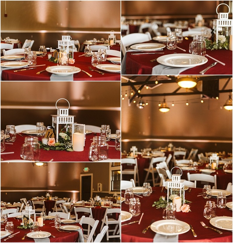 Premier snohomish & seattle wedding photographer | gsquared weddings photography a collage of tables set for a snohomish or seattle wedding engagement featuring white chairs maroon tablecloths plates glasses and centerpieces with white lanterns candles and flowers in a warmly lit indoor venue | serving snohomish seattle                   & beyond