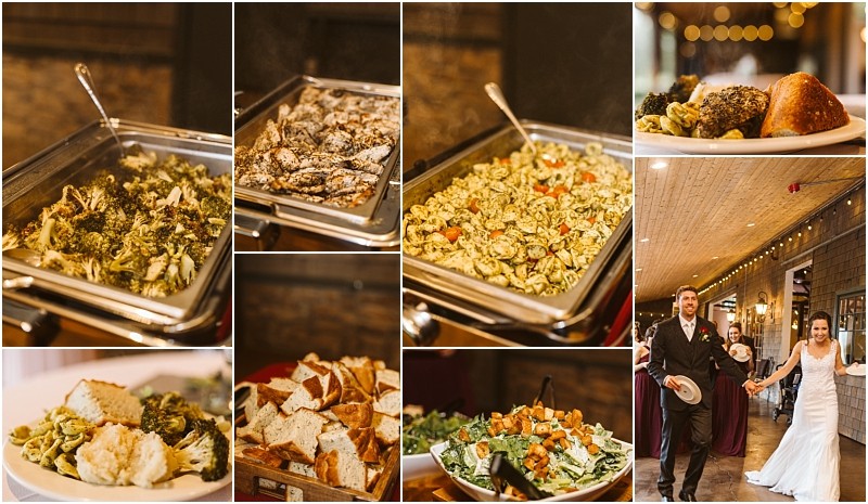Premier snohomish & seattle wedding photographer | gsquared weddings photography a collage of snohomish wedding buffet images showcases trays of pasta chicken and bread plus plated food and salad The bride and groom enter a seattle reception area beautifully decorated with string lights | serving snohomish seattle                   & beyond