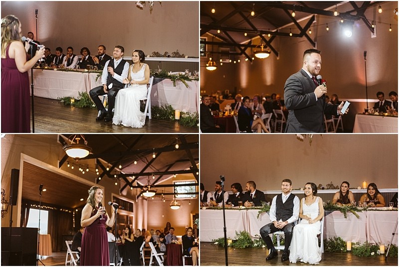 Premier snohomish & seattle wedding photographer | gsquared weddings photography a collage of four snohomish wedding reception photos shows a bride and groom seated while guests in formal attire deliver speeches The seattle area venue is warmly lit and decorated with greenery and string lights | serving snohomish seattle                   & beyond