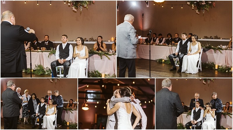 Premier snohomish & seattle wedding photographer | gsquared weddings photography a snohomish wedding reception collage shows a bride and groom at the head table listening to an older man give a speech sharing hugs and guests watching from decorated tables with candles and flowers | serving snohomish seattle                   & beyond