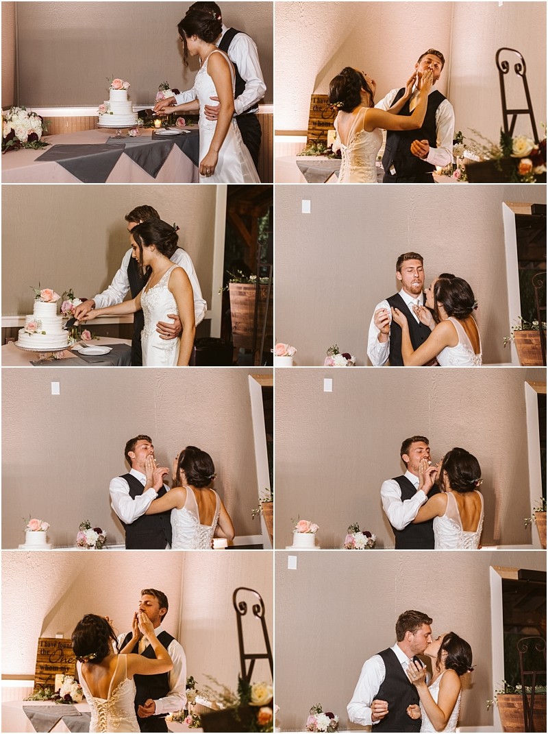 Premier snohomish & seattle wedding photographer | gsquared weddings photography a bride and groom laugh and feed each other cake at their snohomish wedding playfully smearing cake on each others faces in a sequence of joyful photos The couple is dressed in classic wedding attire | serving snohomish seattle                   & beyond