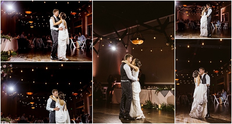 Premier snohomish & seattle wedding photographer | gsquared weddings photography a collage of five photos shows a bride and groom dancing together at their snohomish wedding reception near seattle surrounded by string lights and softly lit guests seated at tables in the background | serving snohomish seattle                   & beyond
