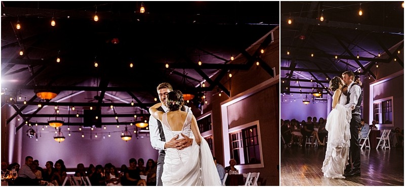 Premier snohomish & seattle wedding photographer | gsquared weddings photography a bride and groom share their first dance in a warmly lit snohomish reception hall surrounded by seated guests String lights hang from the ceiling creating a romantic seattle wedding atmosphere | serving snohomish seattle                   & beyond