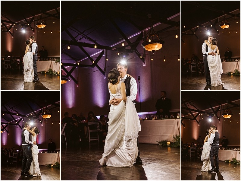 Premier snohomish & seattle wedding photographer | gsquared weddings photography a collage of five photos shows a snohomish bride and groom sharing their first dance in a warmly lit reception hall with string lights and guests seated at tables in the background | serving snohomish seattle                   & beyond