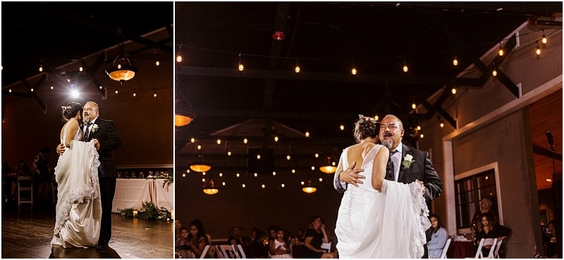 Premier snohomish & seattle wedding photographer | gsquared weddings photography a bride in a white gown dances with her father under string lights at a warmly lit snohomish wedding reception as guests look on and enjoy this touching seattle engagement celebration | serving snohomish seattle                   & beyond