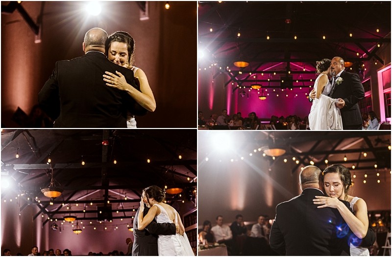 Premier snohomish & seattle wedding photographer | gsquared weddings photography four photos capture a snohomish wedding reception where a bride and her father share an emotional dance under string lights and pink uplighting surrounded by smiling guestsperfect inspiration for your seattle engagement or special day | serving snohomish seattle                   & beyond