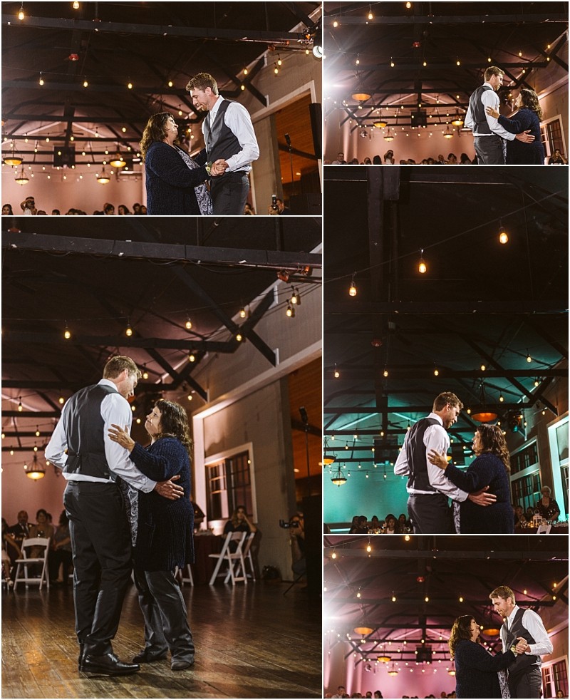 Premier snohomish & seattle wedding photographer | gsquared weddings photography at a snohomish wedding a man in formal attire dances with an older woman at a warmly lit indoor event String lights hang from the ceiling as guests watch from seated tables in the background | serving snohomish seattle                   & beyond