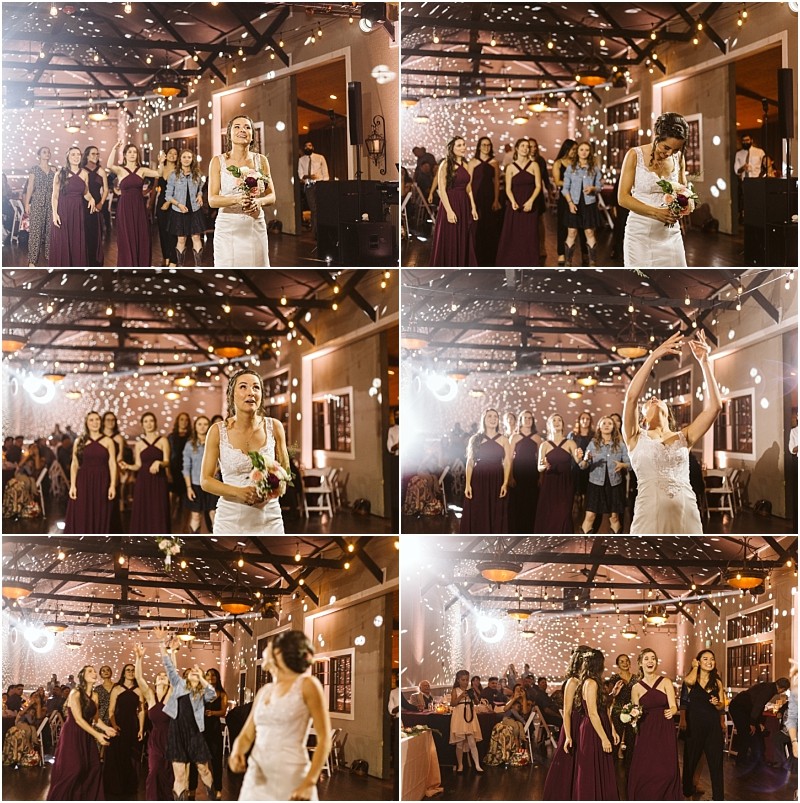 Premier snohomish & seattle wedding photographer | gsquared weddings photography a six panel collage captures a joyful snohomish seattle wedding moment as a bride tosses her bouquet indoors Bridesmaids in matching purple dresses and guests eagerly reach for it under twinkling lights in a warmly lit reception hall | serving snohomish seattle                   & beyond
