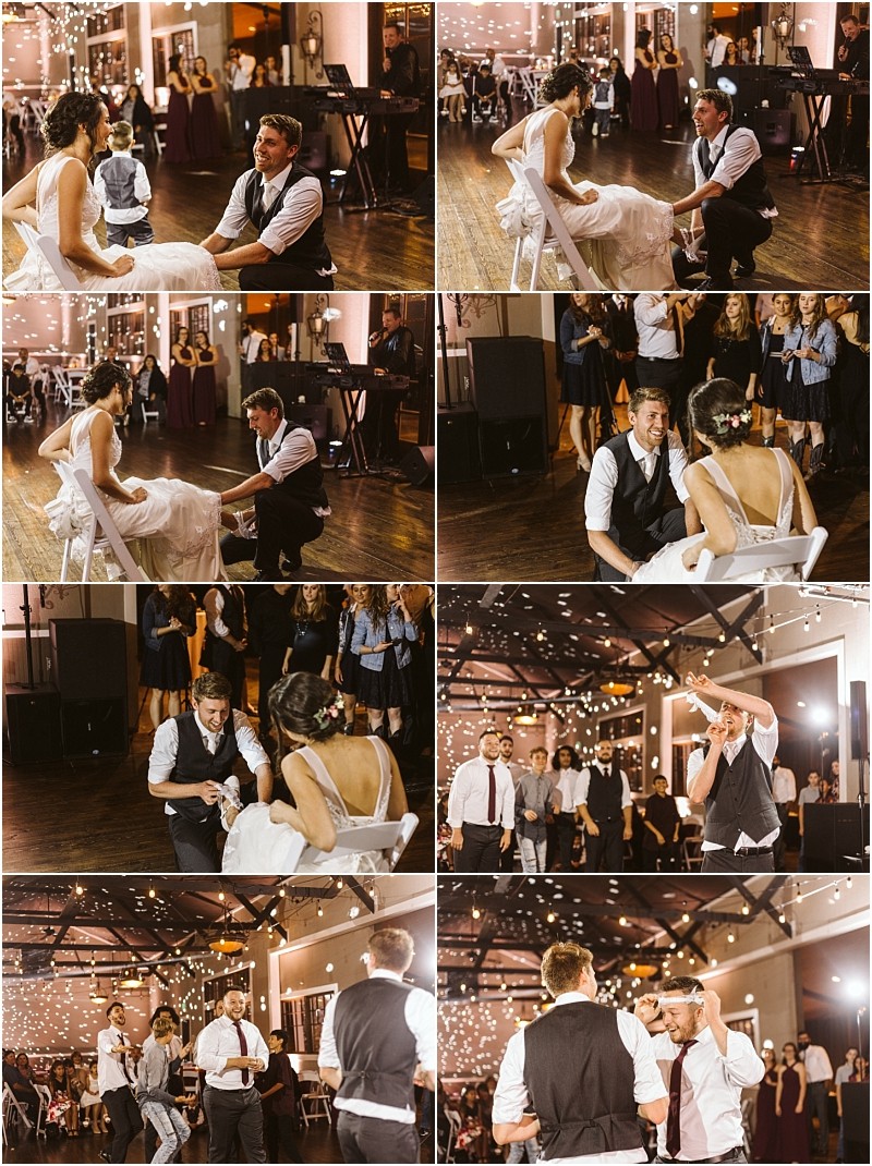 Premier snohomish & seattle wedding photographer | gsquared weddings photography a collage of snohomish wedding photos shows a groom removing a garter from the brides leg tossing it to a group of men and guests watching and celebrating under string lights at this seattle engagement | serving snohomish seattle                   & beyond