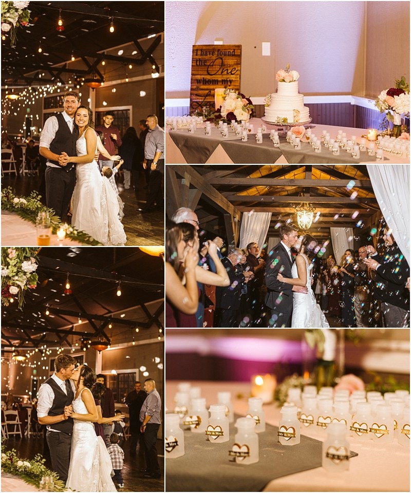 Premier snohomish & seattle wedding photographer | gsquared weddings photography collage of wedding photos a snohomish bride and groom share their first dance under string lights guests blow bubbles a white wedding cake is displayed and small heart designed favors bring charm to this seattle wedding celebration | serving snohomish seattle                   & beyond