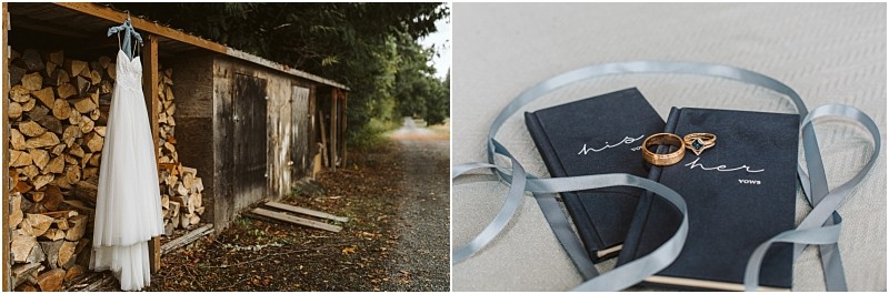 Premier snohomish & seattle wedding photographer | gsquared weddings photography a white wedding dress hangs outside on a shed beside stacked firewood at a snohomish seattle wedding Two vow books labeled his and her tied with ribbon hold gold rings placed gently on top | serving snohomish seattle                   & beyond