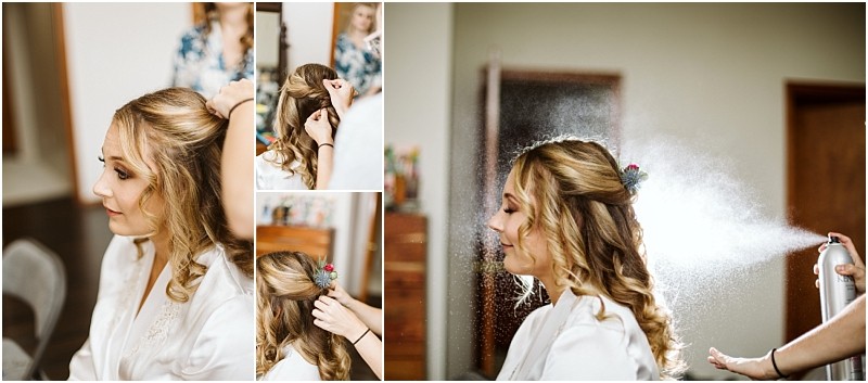 Premier snohomish & seattle wedding photographer | gsquared weddings photography a woman with curled blonde hair is getting her hair done for a snohomish wedding In a collage of photos a stylist arranges her hair adds flowers as accessories and finishes the look as the smiling bride to be in a white robe prepares for her special day | serving snohomish seattle                   & beyond