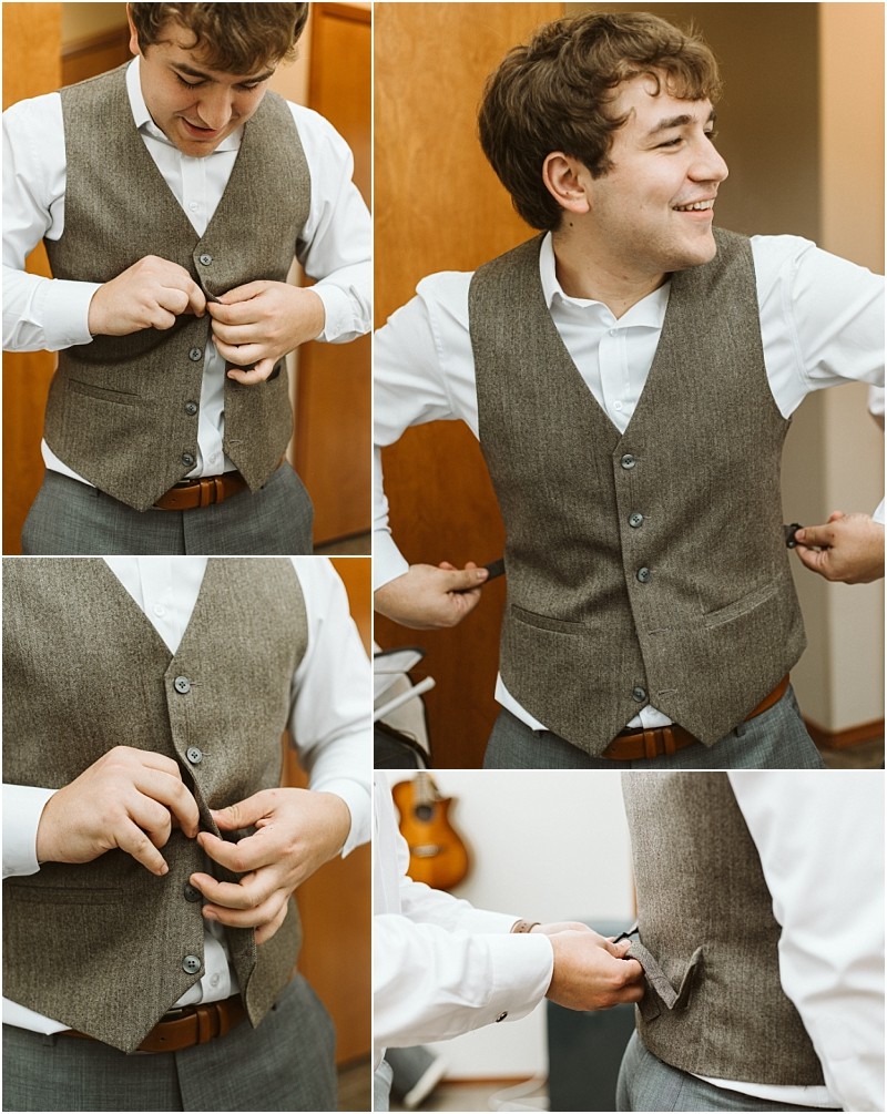 Premier snohomish & seattle wedding photographer | gsquared weddings photography a young man in a white shirt and gray vest smiles and adjusts his vest buttons in a series of close up and medium shots preparing for a snohomish wedding in a warmly lit room | serving snohomish seattle                   & beyond