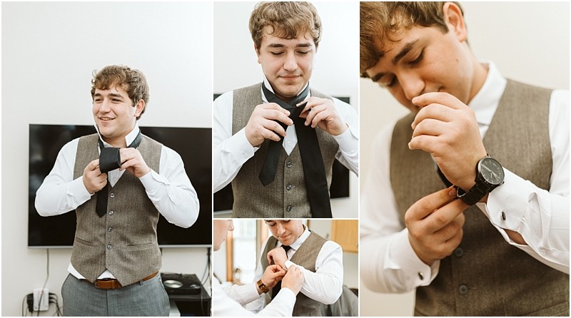 Premier snohomish & seattle wedding photographer | gsquared weddings photography a young man with brown hair wearing a white shirt and grey vest ties a black necktie and puts on a wristwatch while getting ready for a snohomish seattle wedding shown in a collage of close up and mid shot images indoors | serving snohomish seattle                   & beyond