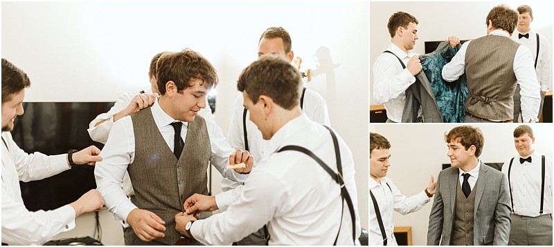 Premier snohomish & seattle wedding photographer | gsquared weddings photography three men help another man in a vest and tie get dressed for a snohomish seattle wedding they adjust his vest and jacket in a bright room all smiling and wearing dress shirts and bow ties | serving snohomish seattle                   & beyond