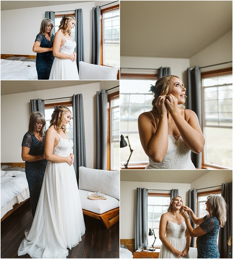 Premier snohomish & seattle wedding photographer | gsquared weddings photography a bride in a white dress gets ready for her snohomish wedding with help from an older woman in a dark dress They smile and adjust jewelry in a bright room with large windows a bed and curtains | serving snohomish seattle                   & beyond