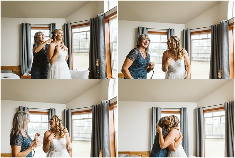 Premier snohomish & seattle wedding photographer | gsquared weddings photography four photo collage of a woman in a white wedding dress and another in a blue dress sharing joyful moments as they get ready for their snohomish seattle wedding in a sunlit room with large windows and gray curtains | serving snohomish seattle                   & beyond