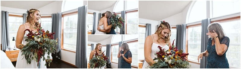 Premier snohomish & seattle wedding photographer | gsquared weddings photography a bride holding a bouquet smiles and shares an emotional joyful moment with an older woman in a bright room with large windows during a snohomish seattle wedding They hug laugh and wipe away happy tears | serving snohomish seattle                   & beyond