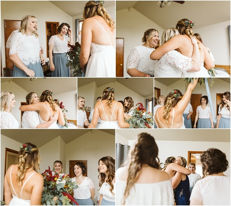 Premier snohomish & seattle wedding photographer | gsquared weddings photography a collage of candid moments shows a snohomish bride in a white dress joyfully hugging and laughing with her bridesmaids who wear blue skirts and white tops in a sunlit room before the wedding ceremony | serving snohomish seattle                   & beyond
