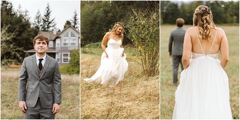 Premier snohomish & seattle wedding photographer | gsquared weddings photography triptych of snohomish wedding photos a man in a gray suit stands outside a house a woman in a white dress walks through grass the woman follows the man in a field her back and floral hairpiece visible | serving snohomish seattle                   & beyond