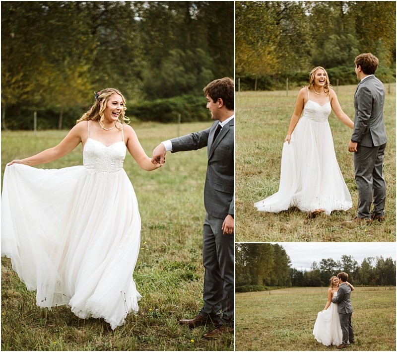 Premier snohomish & seattle wedding photographer | gsquared weddings photography a bride in a flowing white dress and a groom in a gray suit hold hands and smile at each other in a grassy snohomish field surrounded by trees sharing joyful moments on their wedding day | serving snohomish seattle                   & beyond