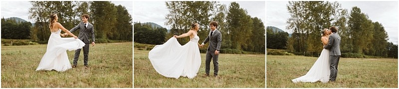 Premier snohomish & seattle wedding photographer | gsquared weddings photography a bride in a flowing white dress and a groom in a grey suit dance and embrace in a grassy field surrounded by trees and hills capturing the romance of a snohomish seattle wedding | serving snohomish seattle                   & beyond