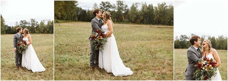Premier snohomish & seattle wedding photographer | gsquared weddings photography a bride and groom stand together in a grassy field near snohomish smiling and laughing while holding a bouquet of flowers surrounded by trees under a cloudy skya beautiful seattle wedding moment | serving snohomish seattle                   & beyond