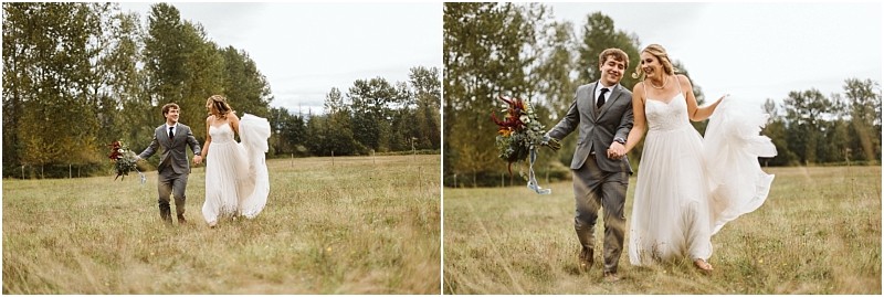 Premier snohomish & seattle wedding photographer | gsquared weddings photography a bride in a white dress and groom in a gray suit joyfully run hand in hand through a grassy field at their snohomish seattle wedding trees behind them The bride holds a bouquet as they smile and laugh together outdoors | serving snohomish seattle                   & beyond
