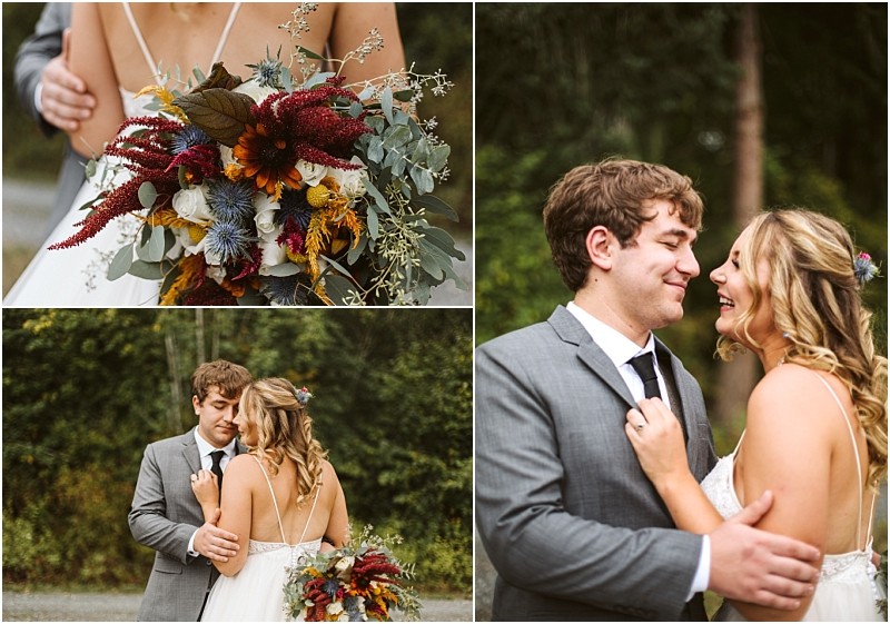 Premier snohomish & seattle wedding photographer | gsquared weddings photography a collage of three snohomish wedding photos a bride holding a colorful bouquet a groom embracing the bride from behind and the couple smiling at each other outdoors in front of lush greenery | serving snohomish seattle                   & beyond