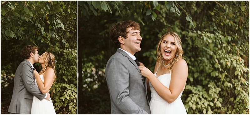 Premier snohomish & seattle wedding photographer | gsquared weddings photography two images side by side on the left a bride and groom kiss under green trees at a snohomish seattle wedding on the right the bride laughs while holding the grooms tie both smiling in front of leafy greenery | serving snohomish seattle                   & beyond