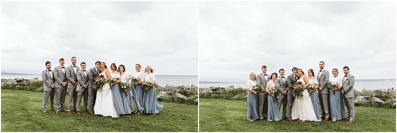 Premier snohomish & seattle wedding photographer | gsquared weddings photography two group photos of a snohomish wedding party outdoors on grass near rocks and water with people in gray suits and blue dresses The bride in white and groom in gray suit stand together under a cloudy sky | serving snohomish seattle                   & beyond
