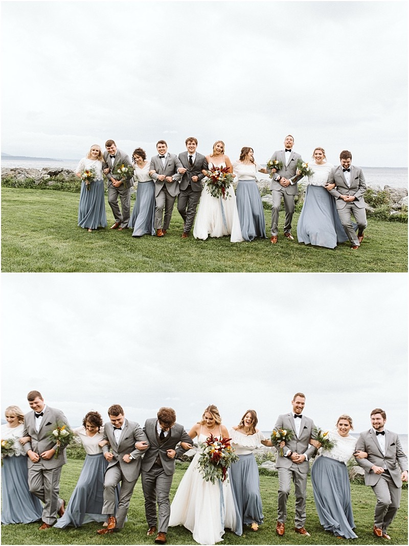 Premier snohomish & seattle wedding photographer | gsquared weddings photography a joyful snohomish wedding party poses outdoors by the water Bridesmaids in blue dresses groomsmen in gray suits and a radiant bride in white smile and walk together capturing the spirit of a perfect seattle wedding engagement | serving snohomish seattle                   & beyond