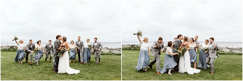 Premier snohomish & seattle wedding photographer | gsquared weddings photography two side by side photos of a snohomish wedding party outdoors The group dressed in gray suits and blue dresses laughs and poses energetically on a grassy area near rocks with cloudy seattle skies in the background | serving snohomish seattle                   & beyond