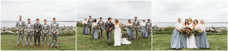 Premier snohomish & seattle wedding photographer | gsquared weddings photography three snohomish wedding party photos groomsmen in grey suits the full party walking and bridesmaids in blue skirts and white tops all posing outdoors on grass with a rocky shoreline and water in the background | serving snohomish seattle                   & beyond